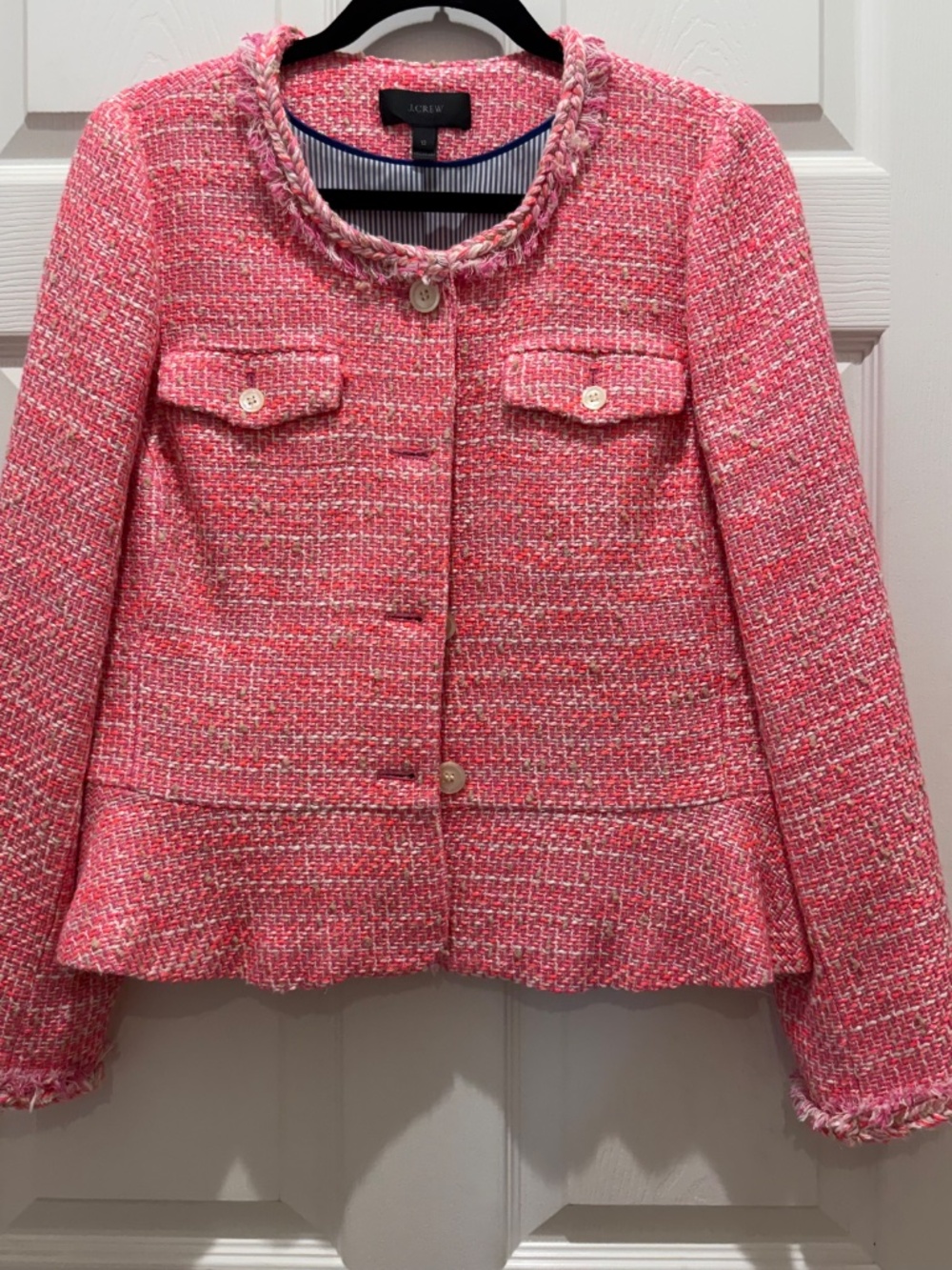 J Crew Bright Pink Tweed Peplum Lady Jacket Sz 12